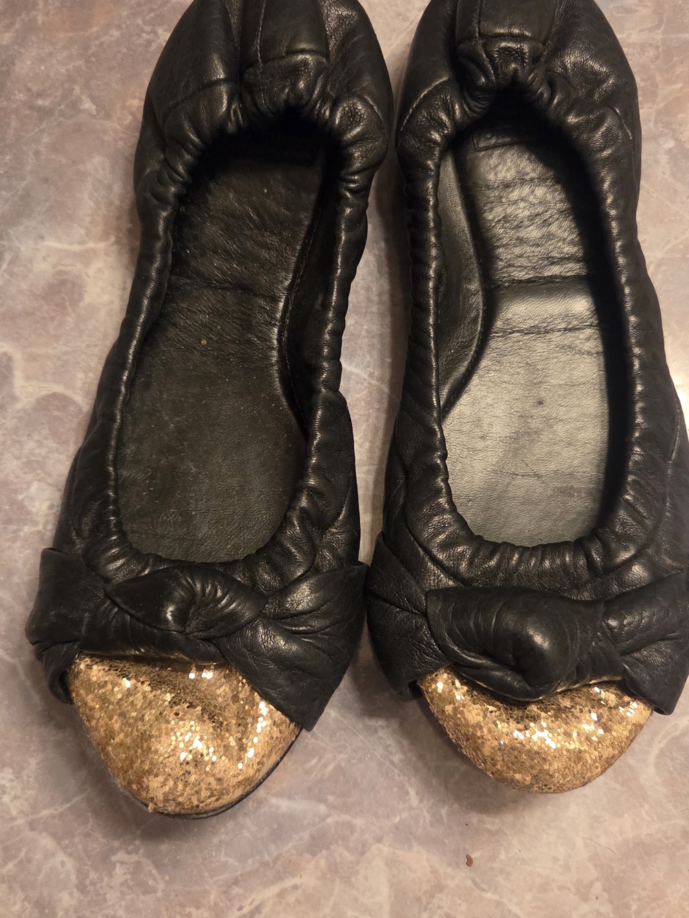 Tory Burch Black Leather Ballet Flats with Gold Glitter Cap